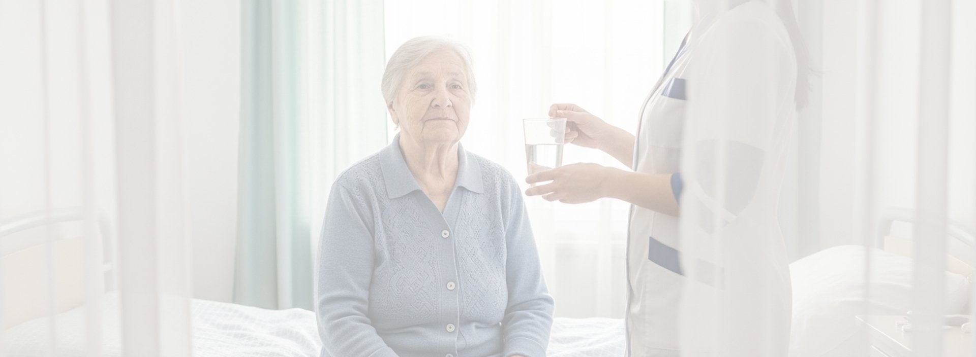 Пожилая женщина сидит на стуле и улыбается медсестре